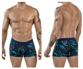 Men’s clever 1858 grosh trunks boxer briefs in dark blue with vibrant turquoise swirl pattern and solid dark blue waistband