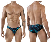 Men’s clever 1861 grosh bikini swim trunks with black and teal abstract pattern in dark blue color for swimming