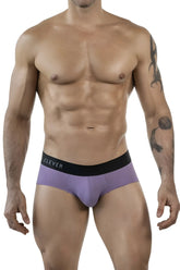 Purple textured oneal briefs with a black waistband featuring clever branding in white lettering color lilac