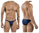 Navy blue men’s briefs with smooth form-fitting design and small brand tag on back waistband by clever 1865 oomph bikini