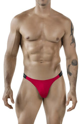Red thong bikini with black elastic waistband featuring cuter brand name in white from clever 1867 tokio bikini collection