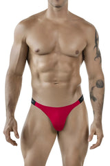Red thong bikini with black elastic waistband featuring cuter brand name in white from clever 1867 tokio bikini collection