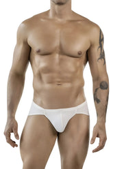 White cotton briefs with a subtle logo on the waistband in beige from clever 1870 audaz bikini collection