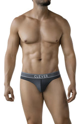 Dark gray clever 2008 raw thong with lighter gray waistband and white clever brand name lettering front view