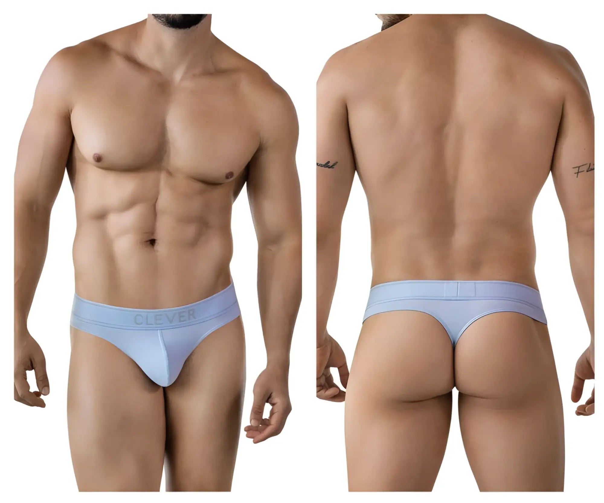 Light blue cotton clever 2008 raw thong with branded waistband showing front side of the product