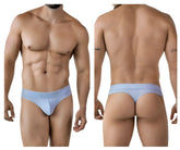 Light blue cotton clever 2008 raw thong with branded waistband showing front side of the product