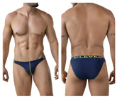 Navy blue Clever 2009 Earthskin bikini briefs with yellow trim and logo featuring breathable fabric design