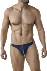 Navy blue clever 2009 earthskin bikini briefs with gold trim and subtle textured pattern along center seam front view