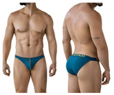 Teal-colored form-fitting briefs with subtle textured pattern and gold lettering on waistband clever 2009 earthskin bikini