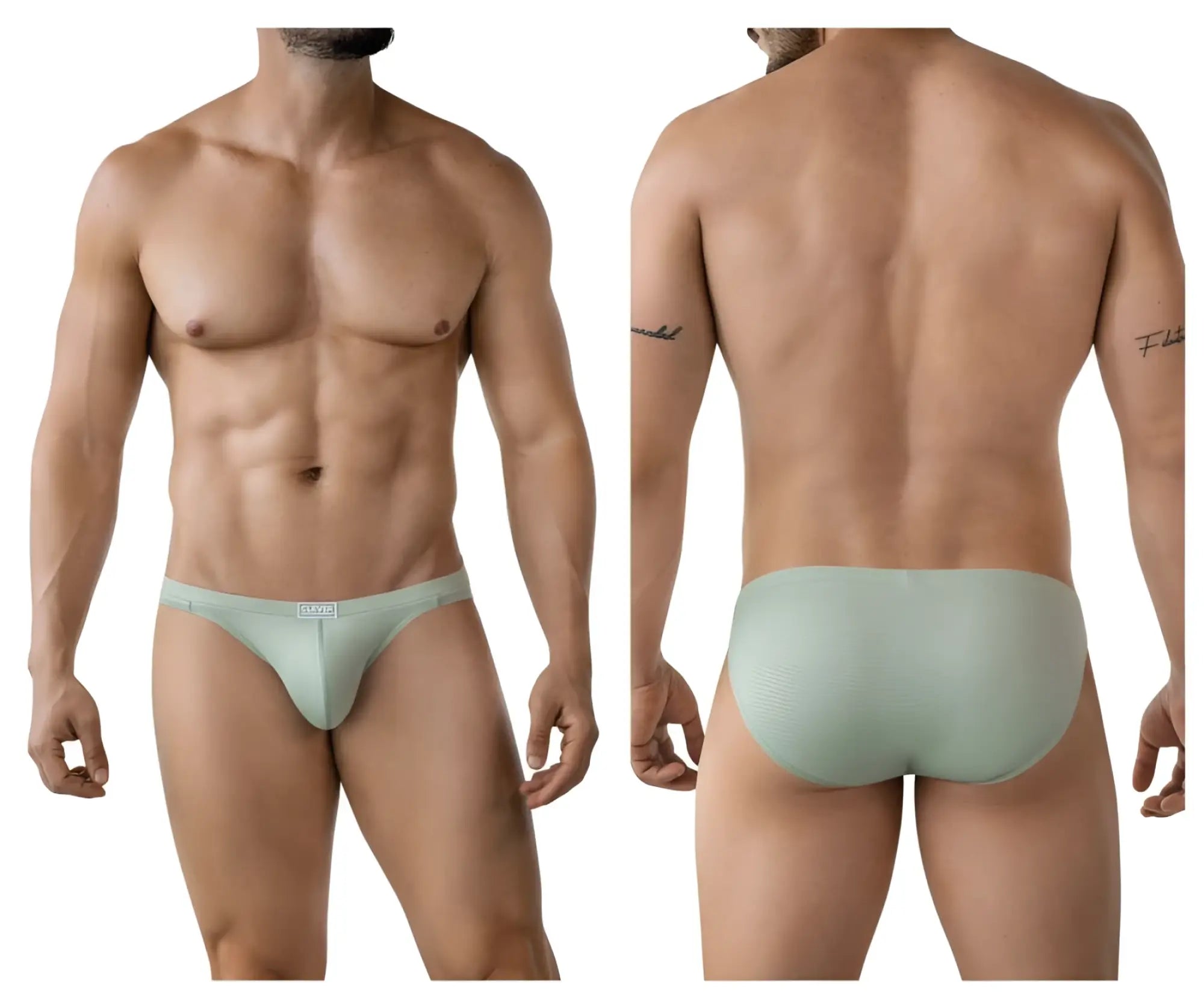 Light green clever 2014 reto briefs with subtle texture and brand tag on waistband in form-fitting men’s style