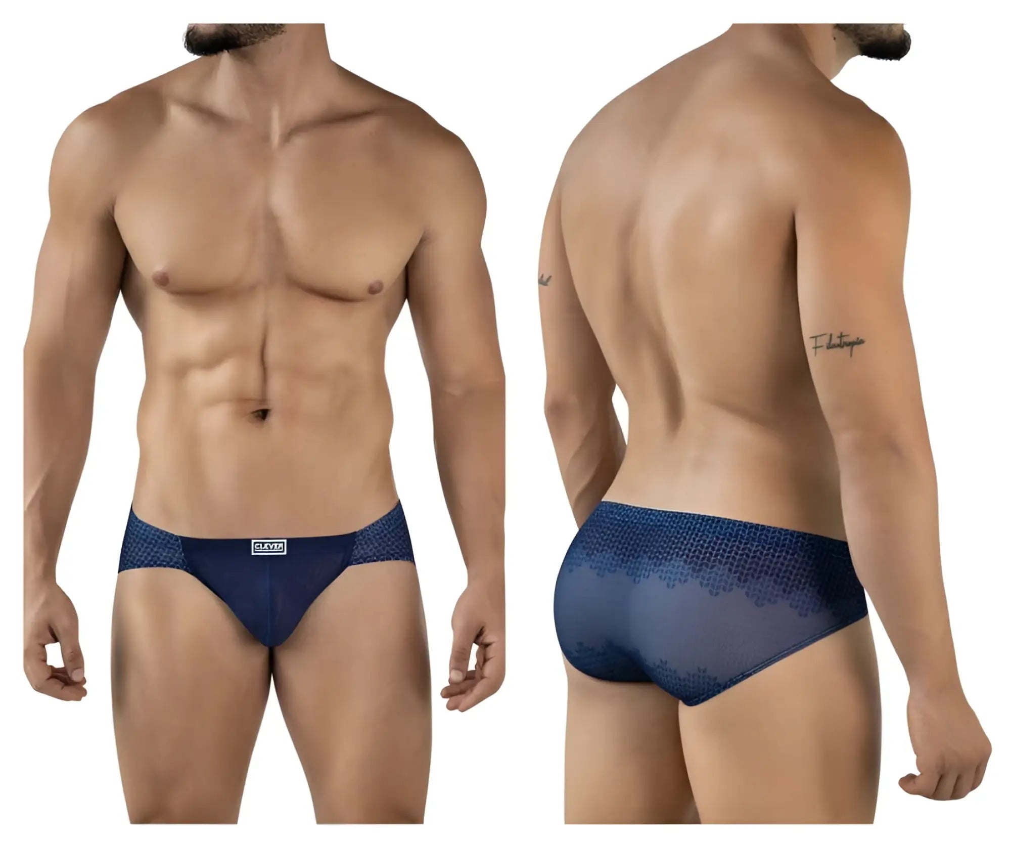 Navy blue mesh briefs with subtle geometric pattern and small brand logo on waistband from clever 2016 mosaico briefs