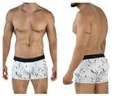White boxer briefs clever 2050 brochazos trunks with black splatter pattern and solid black waistband