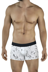 White boxer briefs clever 2050 brochazos trunks with black splatter pattern and solid black waistband