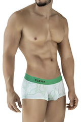 White clever 2056 maze trunks with green waistband and abstract line pattern designed for comfortable support
