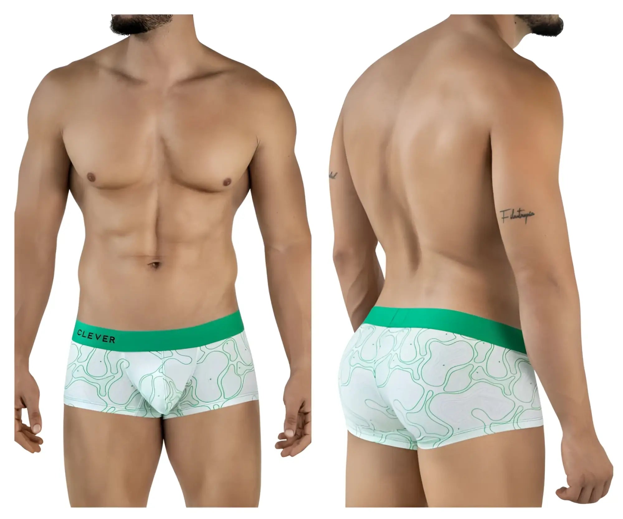 White boxer briefs clever 2056 maze trunks with green waistband and light green abstract pattern front logo