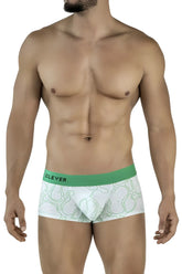 White clever 2056 maze trunks boxer briefs with green waistband and light green abstract line pattern
