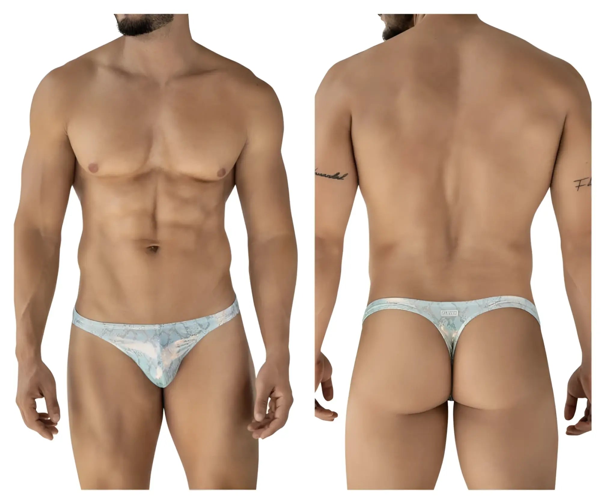 Light blue and white clever 2063 diamond thong with subtle intricate pattern on front side