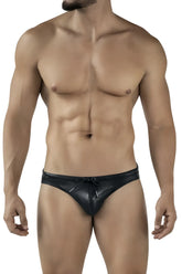 Black textured leather clever 2065 gorgona swim briefs with drawstring waistband for swimwear use