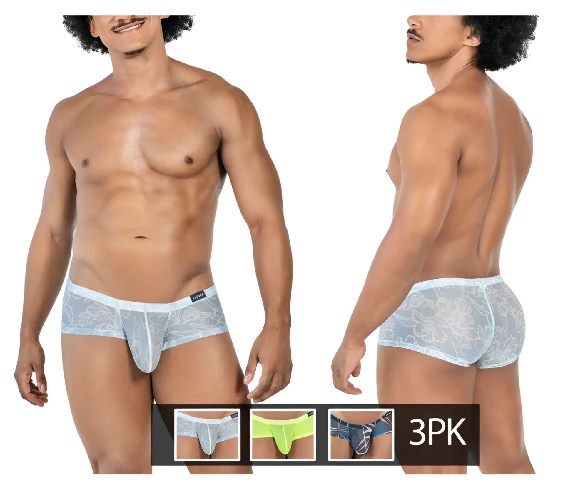 Light blue sheer lace men’s briefs with floral pattern and white trim from clever 229948 Australian Latin trunks pack