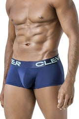 Navy blue clever athletic briefs with light green elastic waistband and bold white clever branding for australian latin trunks