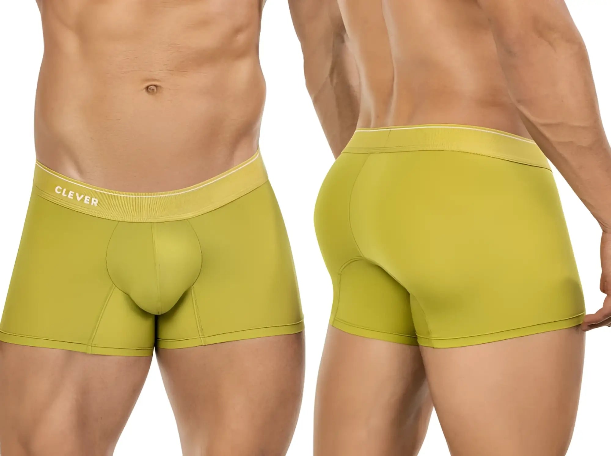 A pair of olive green clever 26008 atenea boxer briefs with ribbed waistband in white lettering