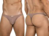 Beige ribbed mesh thong with a small white Clever brand tag in front minimalist sophistication and superior fit