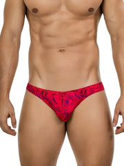 Red and purple swirling patterned briefs clever 26028 helion bikini in bold vibrant modern style