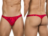 Red and purple marbled patterned Clever 26030 Helion thong featuring bold and vibrant design in front view