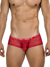 Red clever 26032 calipso trunks sheer briefs with black swirling pattern and purple trim for bold sophistication