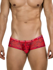 Red clever 26032 calipso trunks sheer briefs with black swirling pattern and purple trim for bold sophistication