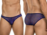 Navy blue clever 26035 calipso bikini sheer mesh thong with subtle pattern and reinforced elastic waistband back view