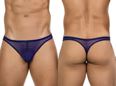 Navy blue sheer lace thong with subtle pattern and solid waistband from clever 26037 calipso thongs blue collection