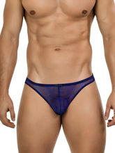 Blue sheer lace thong clever 26037 calipso with subtle pattern and solid blue waistband showing front side