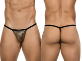 Black thong g-string with a gold-toned textured front panel from Clever 26046 Atlas for bold sophistication