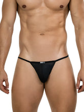Black mesh thong bikini with thin elastic waistband and small brand tag centered by clever 26057 eos in black
