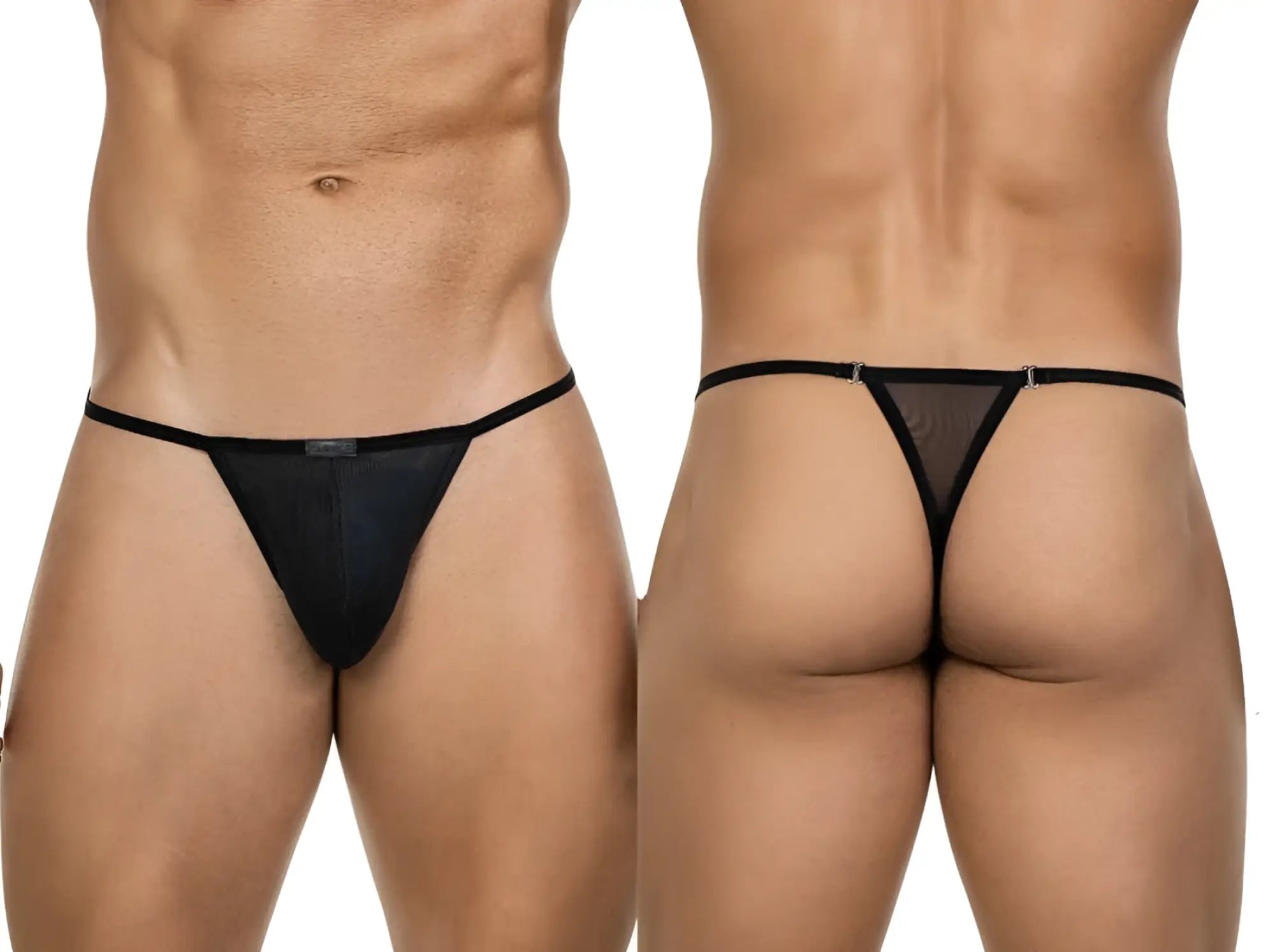 Black mesh thong with solid black waistband and triangular cut for bold and breathable sophistication