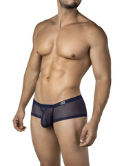 Dark navy blue sheer mesh briefs with solid waistband and clever brand logo in a multi-colored latin trunks pack