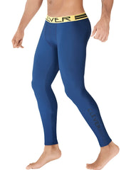 Blue clever ideal athletic leggings with a yellow waistband featuring black brand name lettering size medium