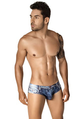 Blue denim patterned men’s briefs with realistic fabric texture and stitched detailing clever indigo jean latin brief size s