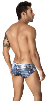 Blue denim patterned clever indigo jean latin brief underwear in size S with tailored fit and visible stitching details