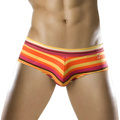 Vibrant striped men’s swim briefs in orange yellow and pink hues with a snug fit from clever swim brief tropical 0514 size s
