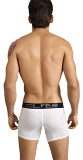 White textured boxer briefs with black elastic waistband and clyer logo in gray lettering clever victoria size s