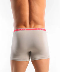 Gray boxer briefs with a pink csx waistband made from soft fabric for comfortable everyday wear size small