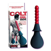 Colt anal douche in red and black plastic with a beaded handle for easy grip and cleaning use