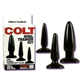 COLT Anal Trainer Kit with three black tapered butt plugs in small, medium, and large sizes alongside its box.