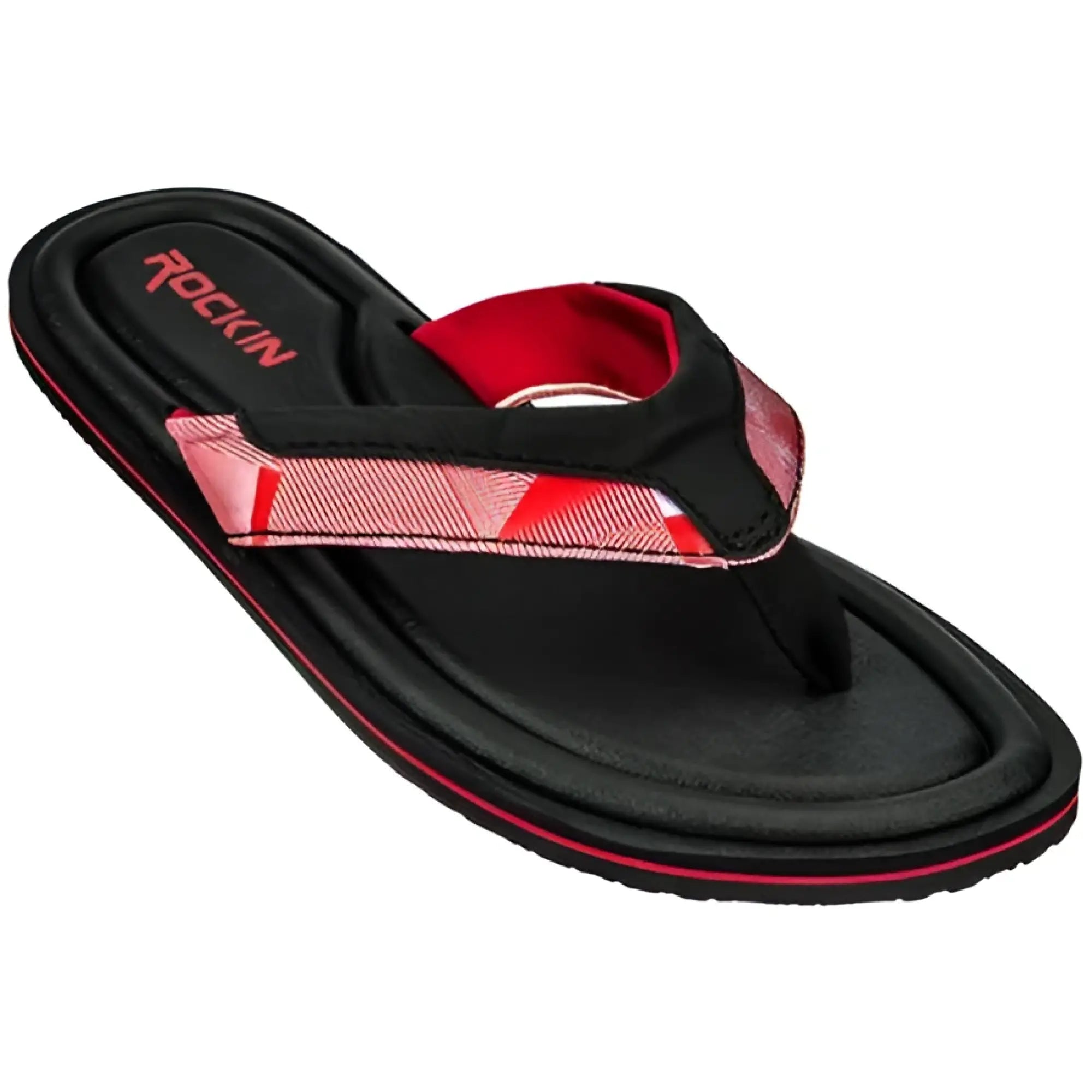 Black and red comfort bay sandal with plaid-patterned strap featuring a rockin flip-flop design