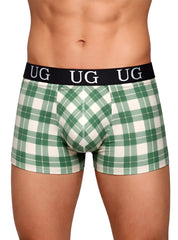 Comfort trunk green and white plaid cotton boxer briefs with black waistband featuring ug logo front view