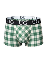 Comfort trunk green and white plaid men’s boxer briefs with black waistband and ug logo for everyday comfort
