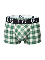Comfort trunk green and white plaid men’s boxer briefs with black waistband and ug logo for everyday comfort