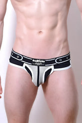 Black and white mesh briefs with a bold modern design and asssticks logo on the waistband comicaze brief